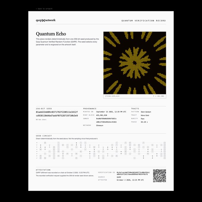 A "Quantum Verification Record" document from Quip.network for "Quantum Echo," detailing a 256-bit seed, provenance minted on September 15, 2026, and showing a yellow Stern-Gerlach pattern and seed circuit diagram.