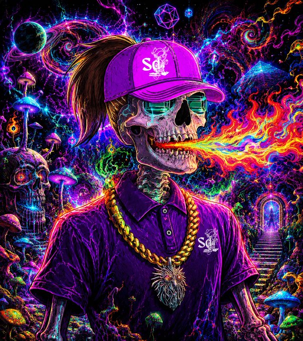 A vibrant psychedelic digital artwork of a flaming skull wearing a purple cap and shirt branded with 'SQL', featuring a gold chain with lion medallion, set against a surreal cosmic background with mushrooms and portals.