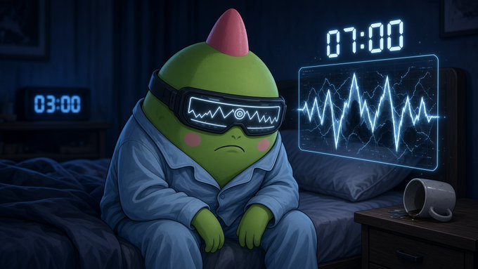 Digital illustration of a sad green monster character in pajamas wearing glowing VR glasses, sitting on a bed with 03:00 and 07:00 timers displayed.
