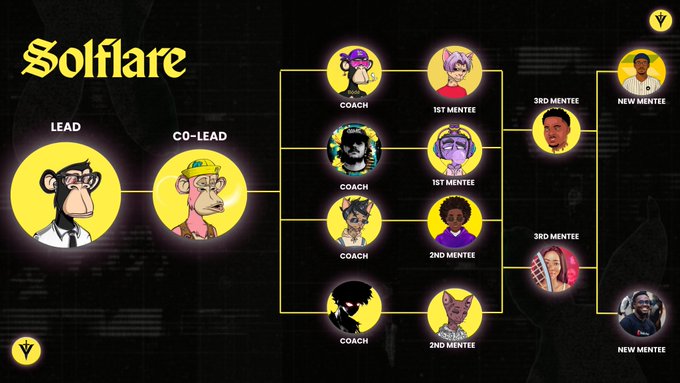 A 'Solflare' branded organizational chart showing a hierarchical tree with Lead and Co-Lead positions branching out to coaches, mentees, and new mentees represented by cartoon avatars.