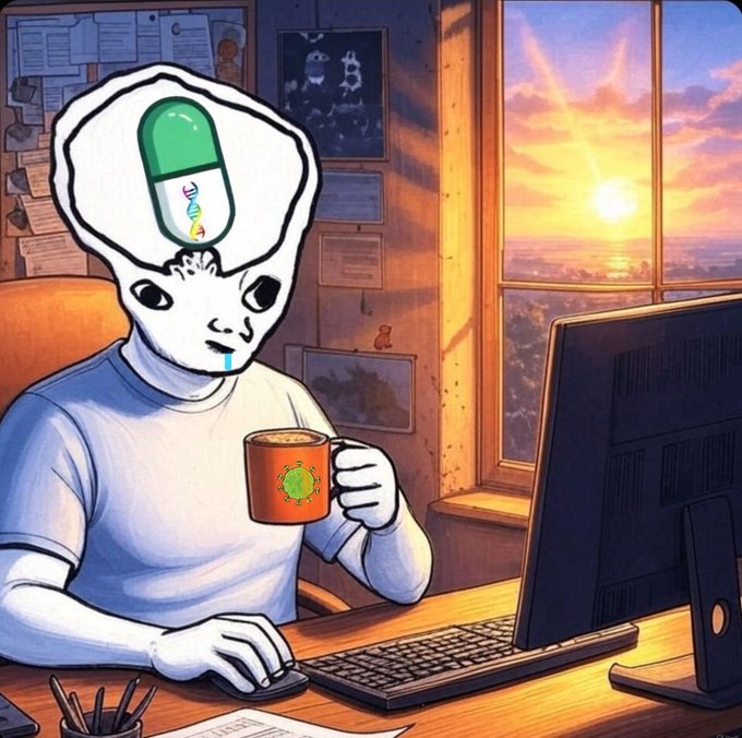An illustration of an alien character with a pill-shaped head drinking from an orange mug while working at a computer during sunset.