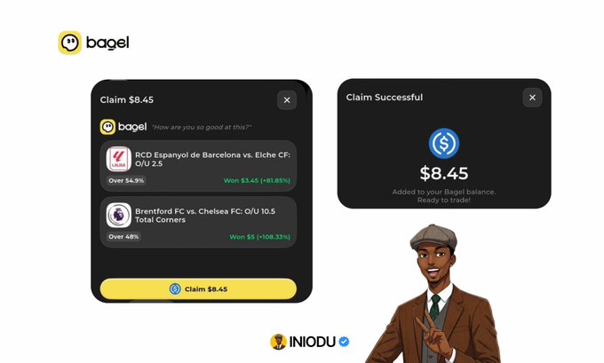 A promotional graphic for 'Bagel' shows two pop-up windows claiming $8.45 in winnings from soccer matches (RCD Espanyol de Barcelona vs. Elche CF and Brentford FC vs. Chelsea FC), alongside an illustrated character and the 'INIODU' logo.