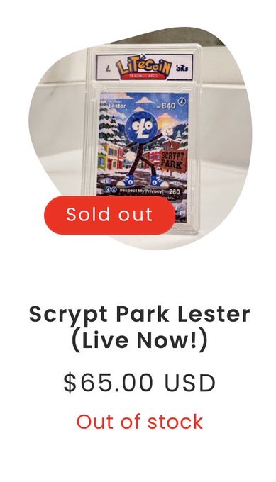 A product page displays a graded LiteCoin 'Scrypt Park Lester' trading card priced at $65.00 USD, marked with a red 'Sold out' button and 'Out of stock' status.