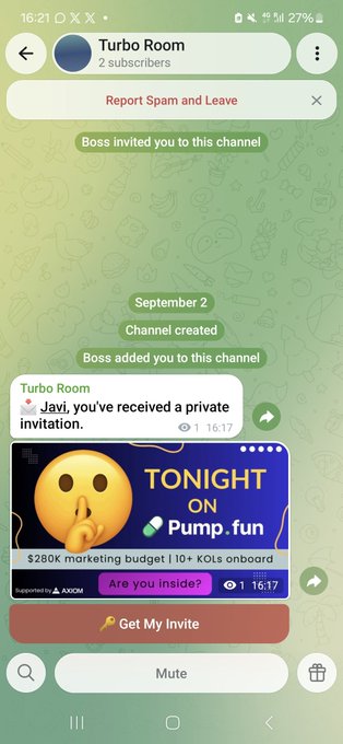 The image shows a Telegram channel called "Turbo Room" with only 2 subscribers, where "Boss" invited the user to the channel and shared a promotional advertisement reading "TONIGHT ON Pump.fun — $280k marketing budget | 10+ KOLs onboarded — Are you inside?" The post's skeptical tone ("WTF is this?") fits the scene, as the user appears unfamiliar with this type of crypto promotion and is reacting to the flashy Pump.fun event invite that appeared unexpectedly in a sparsely populated channel.