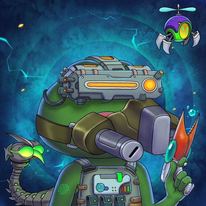 A Pepe character geared up as an explorer features a high-tech helmet with an orange display, a large hydrogen gun blaster, and a glowing green bionic scorpion tail, with a small flying drone hovering in the background against a swirling blue cosmic backdrop. The image directly illustrates the "Pepe Explorer" NFT collection, showcasing the distinctive warrior gear mentioned in the congratulatory post.