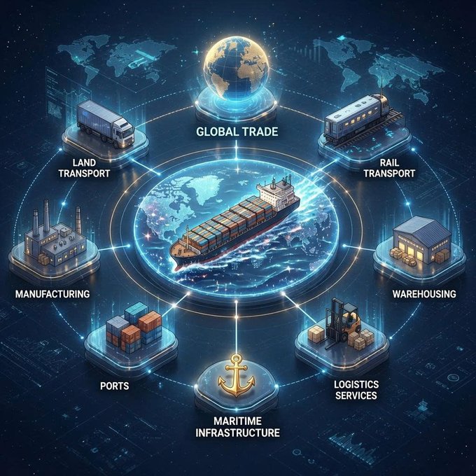 An infographic illustrating global trade networks with a central cargo ship and a globe, surrounded by icons for "GLOBAL TRADE," "LAND TRANSPORT," "RAIL TRANSPORT," "MANUFACTURING," "WAREHOUSING," "PORTS," "LOGISTICS SERVICES," and "MARITIME INFRASTRUCTURE."