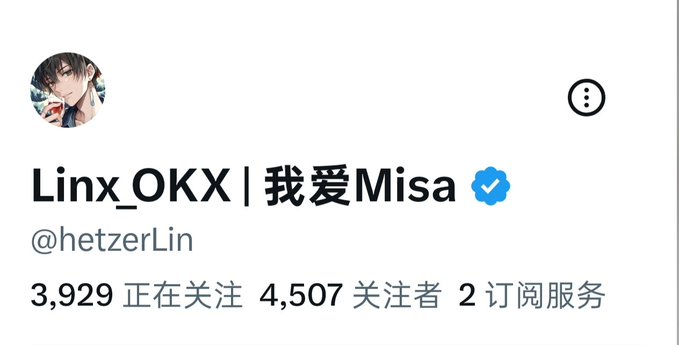 A social media profile page showing the username 'Linx_OKX | 我爱Misa' with the handle '@hetzerLin', a verified blue checkmark, and stats showing 3,929 following and 4,507 followers.