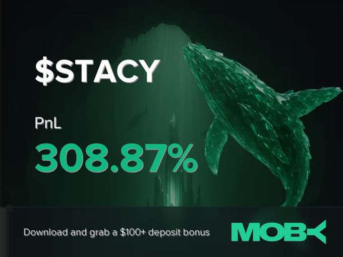 A promotional banner from Moby features a digital green whale alongside bold text announcing a "$STACY" win with a PnL of 308.87%, accompanied by a call-to-action offering a $100+ deposit bonus for downloading the app. The dramatic underwater-themed graphic visually reinforces the trading win alert highlighted in the accompanying post.
