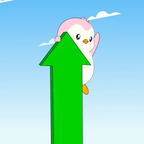 A cute cartoon penguin with a pink head emerges over the top of a large green upward arrow against a bright blue sky, visually embodying the "Pink only goes in one direction" message with its upward trajectory.