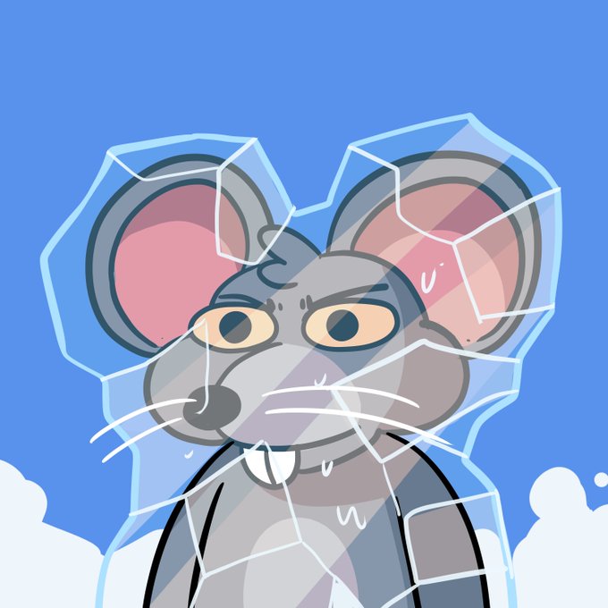 A cartoon mouse with large pink ears looks nervously through cracked glass, sweating with a worried expression against a blue sky with white clouds.