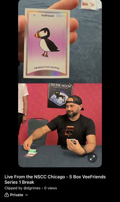 A TikTok clip thumbnail showing a 'PRODUCTIVE PUFFIN' VeeFriends card and a man at a trading card event with the caption 'Live From the NSCC Chicago - 5 Box VeeFriends Series 1 Break'.