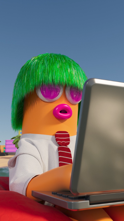 A 3D-rendered character with an orange cylindrical body, bright green hair, pink sunglasses, and pink lips, dressed in a white shirt and red tie while using a laptop.