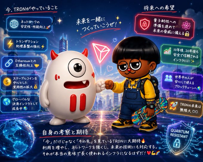A futuristic illustration features a cartoon character with dark hair in overalls holding a skateboard, bumping fists with a white horned mascot beside a glowing TRON diamond logo, surrounded by Japanese text boxes highlighting TRON's current developments (network stability, transactions, Ethereum interoperability, stablecoin utility, global expansion) and future goals (quantum-resistant security, long-term reliable infrastructure). The image aligns with the post by visually emphasizing the importance of preparing for future challenges—like quantum computing—rather than reacting to them, as TRON showcases both present achievements and forward-looking aspirations.