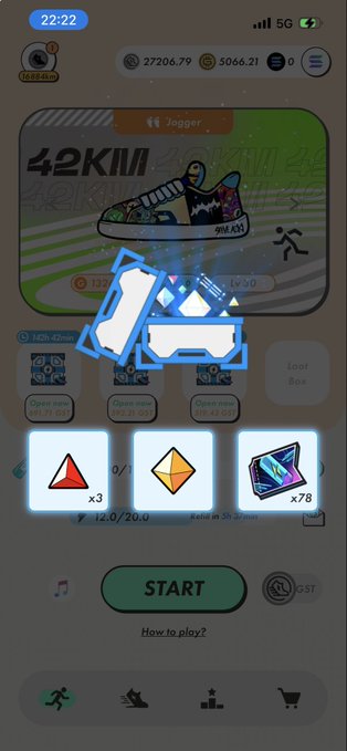 A mobile app screenshot showing a '42KM' running shoe NFT card on a green background with an overlay of a fragmented graphic and reward icons at the bottom, including a 'START' button.