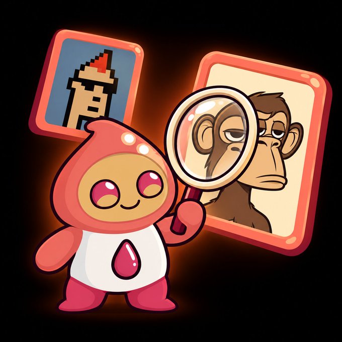 A digital illustration of a cute pink and white mascot holding a magnifying glass next to a portrait of a serious-looking monkey, with a separate card showing a pixel-art tower icon in the background.