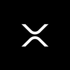 The minimalist black and white logo of XRP (Ripple), a cryptocurrency, featuring its signature stylized 'X' design.