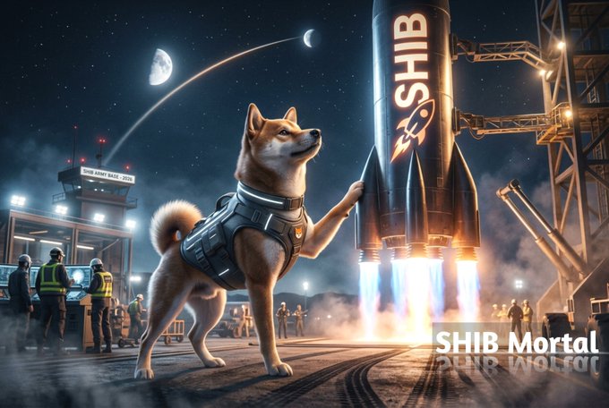 A Shiba Inu dog in a tactical vest stands at a futuristic space launch pad next to a rocket labeled 'SHIB,' with a 'SHIB Mortal' watermark.