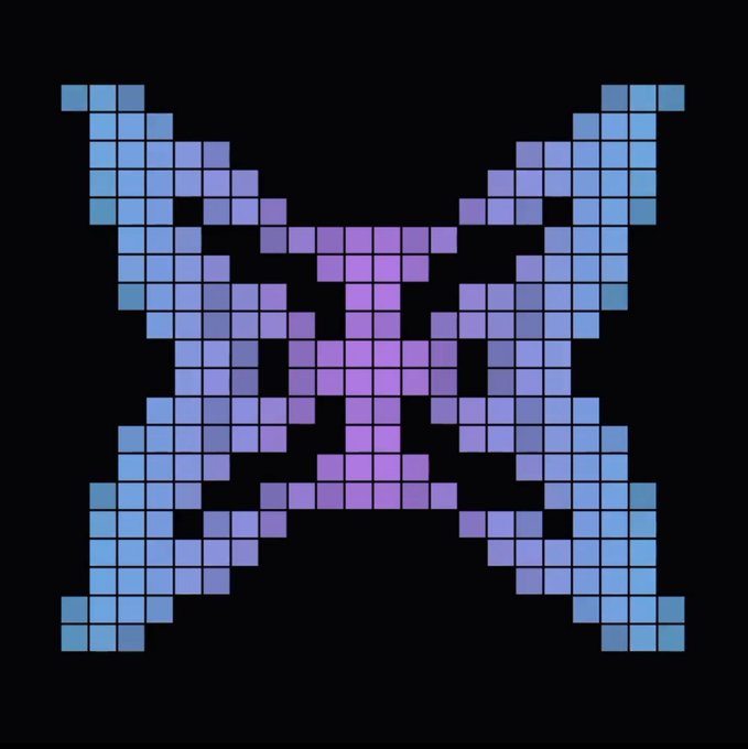 A symmetrical, pixel-art style butterfly or bow shape made of blue, purple, and pink squares on a black background.
