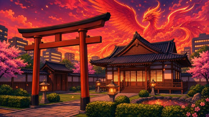 A fiery phoenix soars over a traditional Japanese shrine with a torii gate, surrounded by cherry blossoms at sunset, evoking mythical dragon and phoenix themes. This dramatic imagery complements the "Grand Dragon" Genesis Heroes NFT giveaway collaboration with @KenjiOrigins, visually capturing the legendary, epic spirit of the drop.
