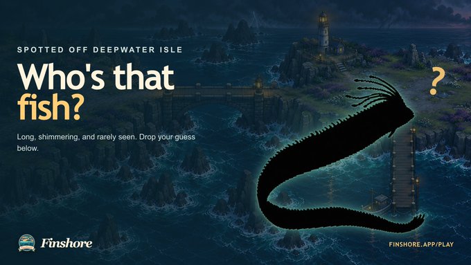 A promotional image for the 'Finshore' fishing app featuring a silhouetted oarfish with the text 'SPOTTED OFF DEEPWATER ISLE' and 'Who's that fish?'.