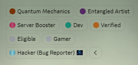 A list of profile tags including 'Quantum Mechanics', 'Entangled Artist', 'Server Booster', 'Dev', 'Verified', 'Eligible', 'Gamer', and 'Hacker (Bug Reporter)'.