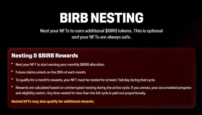 The image displays a "BIRB NESTING" promotional graphic explaining that users can nest their NFTs to earn additional $BIRB tokens, with a section detailing "Nesting & $BIRB Rewards" including rules about monthly allocations, claim dates on the 28th, and a highlighted note that "Nested NFTs may also qualify for additional rewards"—directly supporting the post's claim that nesting is the alpha strategy driving the anticipated collectibles supercycle.