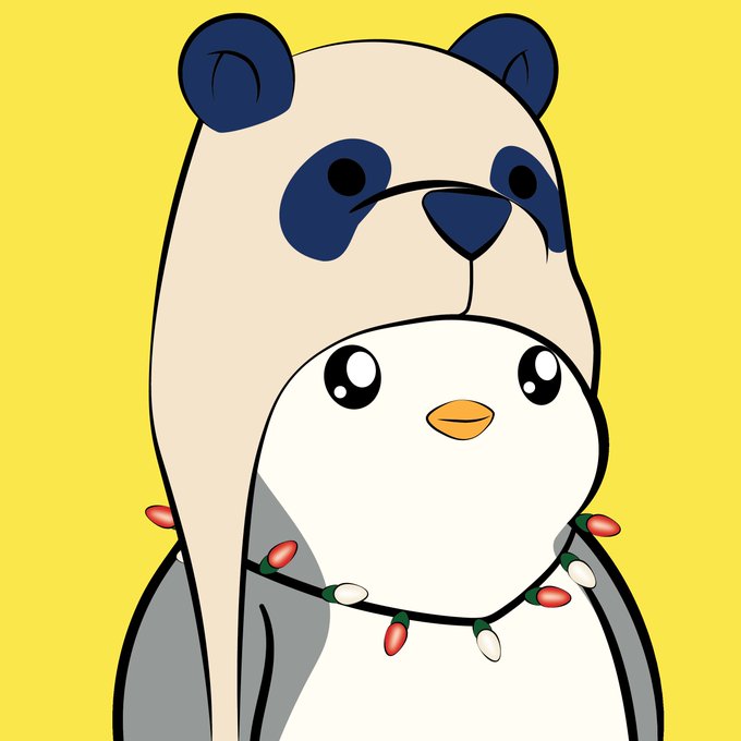 A panda and a penguin wearing Christmas lights stand together against a yellow background, creating a cute holiday illustration paired with the "AF" caption.