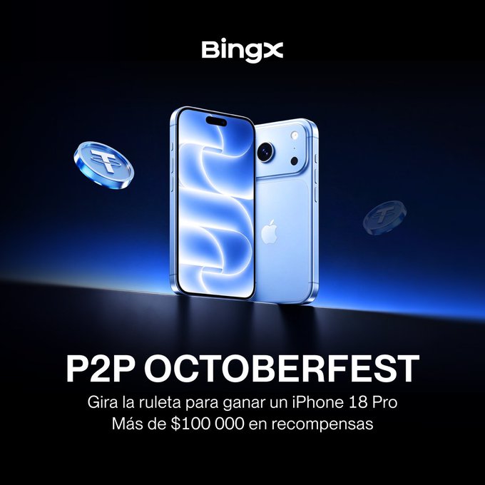 A promotional advertisement for BingX featuring two blue iPhones with 'P2P OCTOBERFEST' and 'Gira la ruleta para ganar un iPhone 18 Pro' written below.