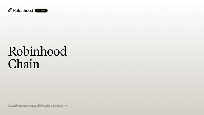 The image shows a minimalist landing page for "Robinhood Chain," featuring the Robinhood logo with a "GLOBAL" tag in the top left and a large title "Robinhood Chain" on a clean white background, with small disclaimer text at the bottom indicating it's a Layer 2 blockchain built for financial services. This aligns with the announcement that Robinhood's AI-native blockchain mainnet has officially launched.