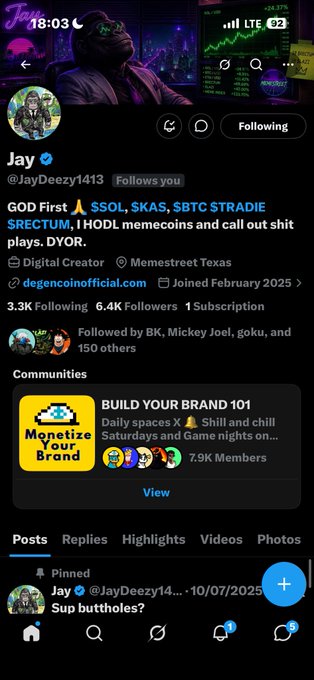 The image shows a X (Twitter) profile page for "Jay" (@JayDeezy1413), a verified digital creator from Memetstreet, Texas, with 6.4K followers, displaying crypto tickers $SOL, $SKAS, and $SBTC. The accompanying post thanks "King Jay" and shares a Solana wallet address, fitting with his bio highlighting $SOL trading and memecoin expertise.