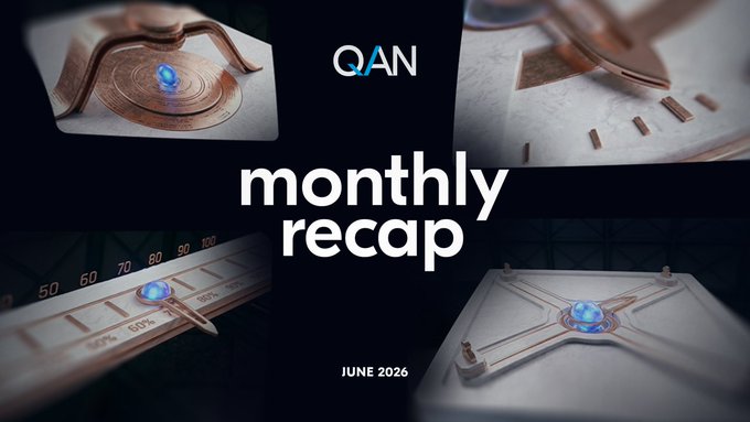 A promotional graphic for "QAN monthly recap" dated June 2026, featuring stylized images of a futuristic metallic device with a glowing blue center. The post indicates this June recap highlights major engineering progress on the Ethereum rebase, with the core rebase now 70% complete.
