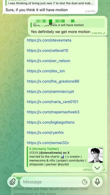 A WhatsApp conversation showing someone sharing a list of Twitter/X profiles (including stevexmeta, vellevel10, ser_nelson, and others) to help subscribers find jobs and Web3 project opportunities. This aligns with the post's message about blessing subscribers with job opportunities in the crypto/Web3 niche, as the shared bio describes Steve as a "creator, memecoins & nfts, project contributor, shitposter & partner @ourbit."