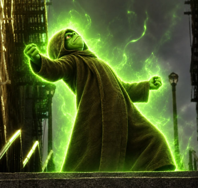 A hooded figure stands triumphantly atop a ledge, enveloped in a powerful, glowing green aura that radiates outward like supernatural flames, with arms raised in a victorious pose against a moody urban backdrop. The intense emerald energy surrounding the character perfectly embodies the caption's sentiment, conveying an overwhelming sense of power and unstoppable force.