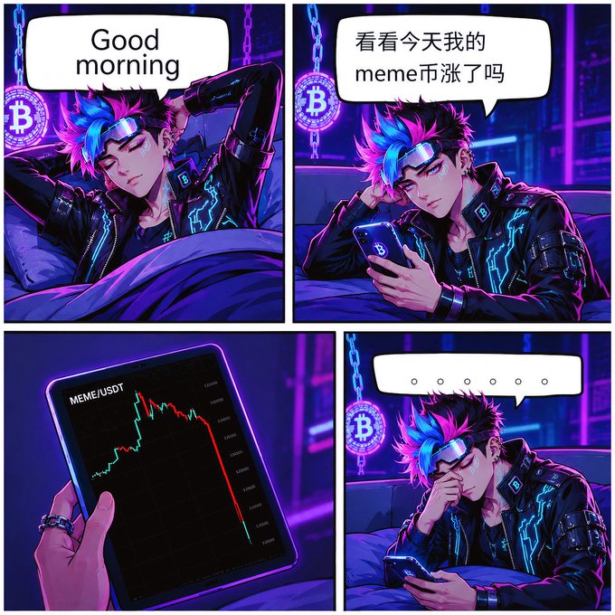 A four-panel anime-style meme showing a character saying 'Good morning,' then checking meme coin prices, only to find MEME/USDT crashing, ending in silent dismay.