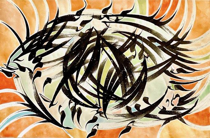 An abstract painting featuring bold, intertwining black thorny or vine-like brushstrokes set against a warm watercolor background of orange, green, and white hues. The organic, swirling composition complements the heartfelt post celebrating a sellout achievement with gratitude to supporters and collaborators.