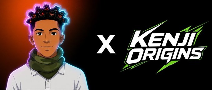 A collaboration graphic showing an illustrated character with curly hair alongside the 'KENJI ORIGINS' logo with 'X' indicating a collaboration.