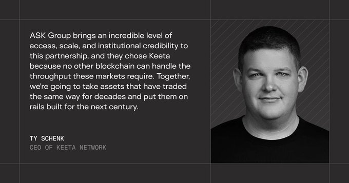 The image features a man with short hair wearing a black shirt smiling for the camera. The background of the photo is dark gray, which contrasts with the white text that reads "ask group brings an incredible level of expertise to institutions". This statement highlights the expertise of the ask group in the crypto space and emphasizes their role as a leader in this field.