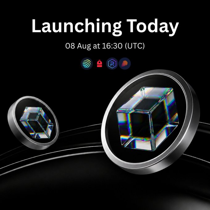 A 'Launching Today' announcement for 08 Aug at 16:30 (UTC), featuring two crystal cube coins and logos for Sonic, Dood, R, and an orange icon.