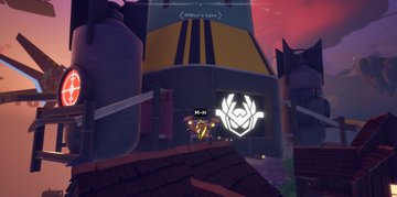 A video game screenshot showing a dark fantasy building with a glowing red cross emblem at sunset, with floating debris in the background.
