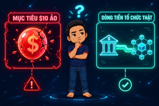 A cartoon-style graphic showing a man contemplating two choices: a red warning panel labeled 'MỤC TIÊU $10 ẢO' with a dollar balloon, and a teal panel labeled 'ĐỒNG TIỀN TỔ CHỨC THẬT' featuring a bank and blockchain icons.