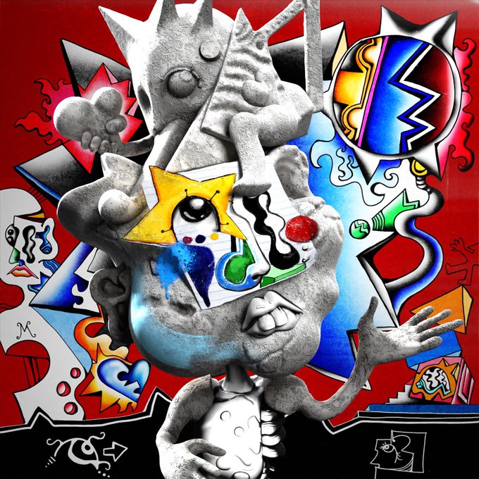 A vibrant surrealist painting featuring a chaotic composition with a gray sculpted cat-like figure, colorful abstract shapes, hearts, stars, and a distorted face on a bold red background.
