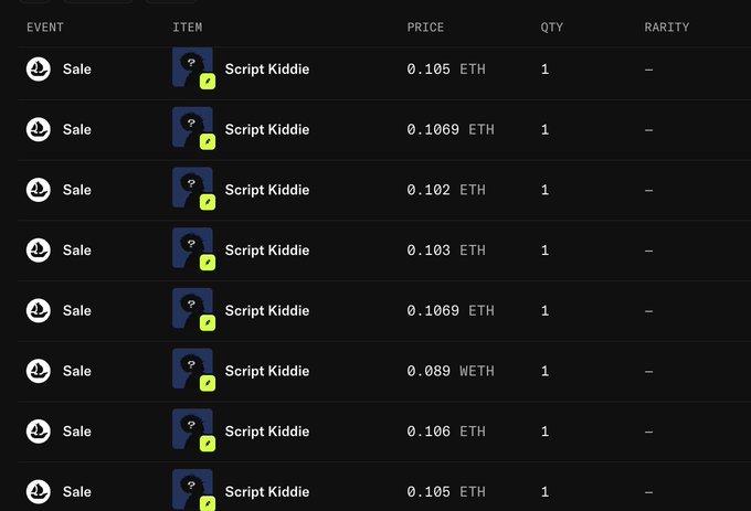 A trading activity table displays multiple recent sales of "Script Kiddie" NFTs priced between 0.089 WETH and 0.1069 ETH, with the post celebrating strong sales momentum for the collection following generous community allocations from @MarkyMarkETH and @thejasich.