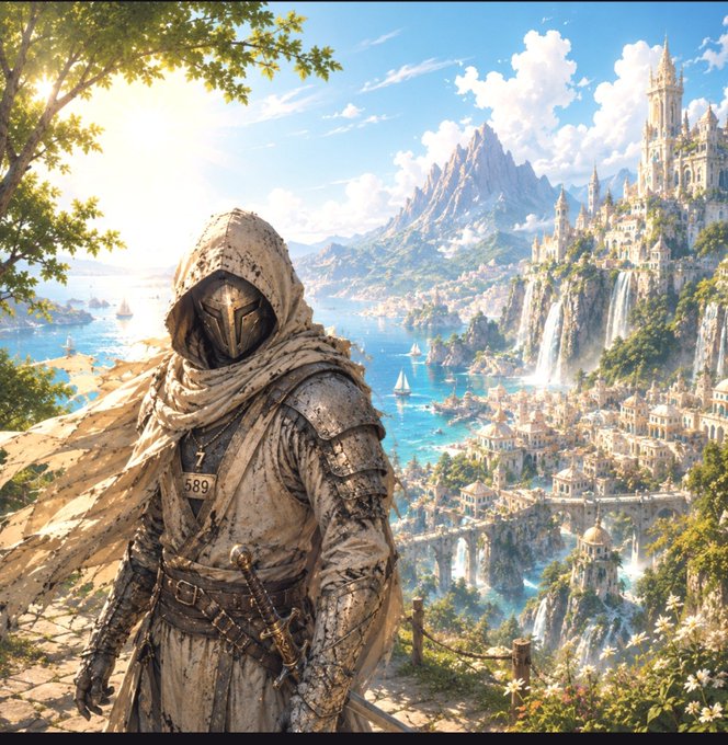 A fantasy artwork depicting a hooded armored figure overlooking an elaborate coastal city with cascading waterfalls and a distant castle.