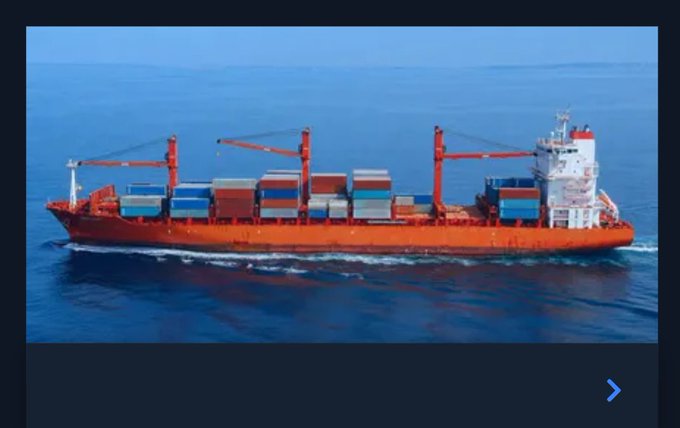 A red-hulled container ship loaded with shipping containers sails through open water, visually representing the shipping/transport theme tied to the $SHIP token discussed in the post.