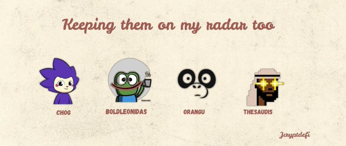 An illustration featuring four cartoon characters labeled 'CHOG', 'BOLDLEONIDAS', 'ORANGU', and 'THESAUDIS' with the heading 'Keeping them on my radar too' and signature 'Jayyntdc.fi'.