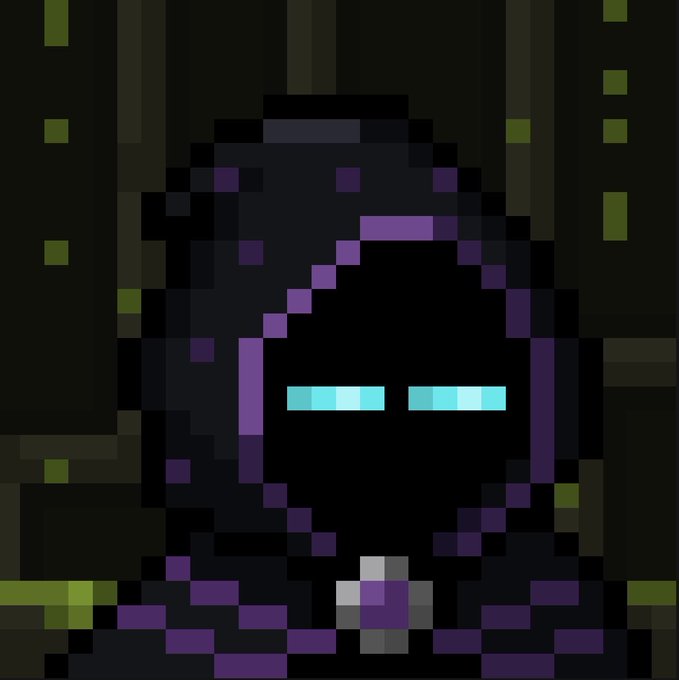 A pixel art image of a hooded figure with glowing cyan/teal eyes against a dark background with green and purple accents.