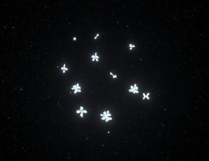 A night sky with several glowing white snowflake-shaped lights or drones hovering in a scattered pattern against a backdrop of stars.