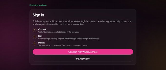 Sign in screen showing 'Hosting is available' with steps to Connect, Sign, and Publish, and buttons to 'Connect with WalletConnect' or use a 'Browser wallet'.