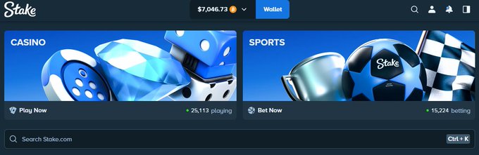 A screenshot of the Stake.com homepage showing a casino section with 25,113 playing and a sports betting section with 15,224 betting. The account balance displayed is $7,046.73.