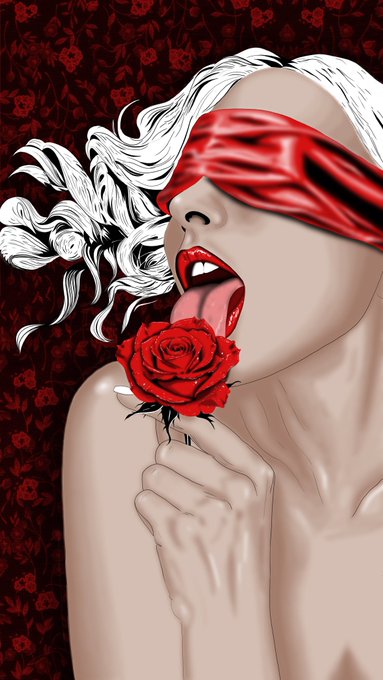 An artistic rendering of a pale-skinned figure with flowing white hair, a red blindfold, and open mouth, holding a red rose against a dark floral patterned background.